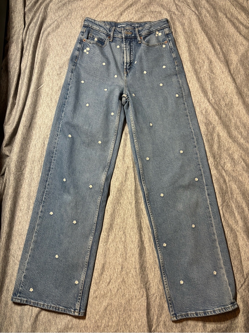 Old Navy Blue Embroidered Daisy Sky-Hi Wide Leg Jeans